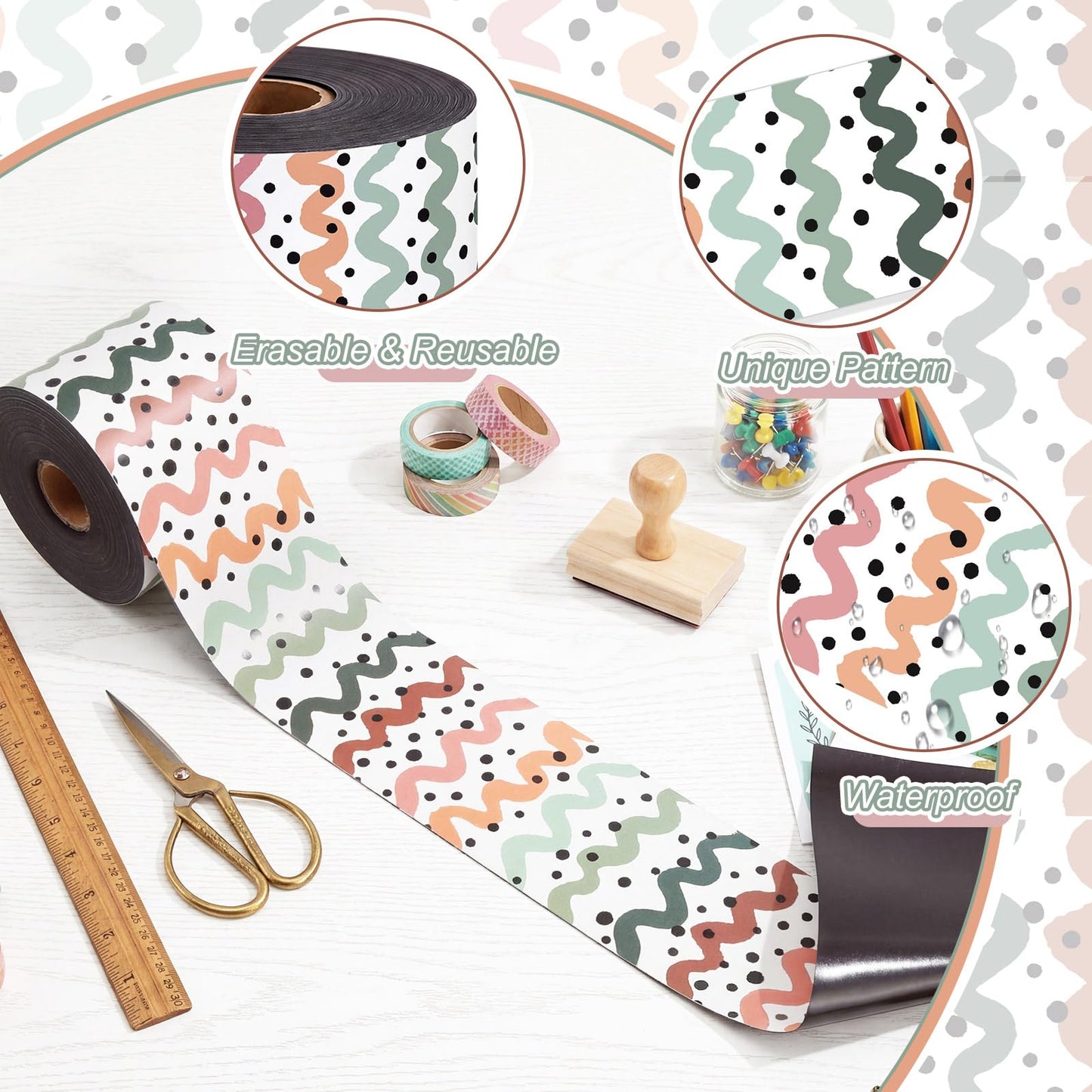Tenceur 48 ft x 2.76 Inch Magnetic Borders for Whiteboard Decoration, Boho Polka Dot Wave Magnetic Bulletin Board Border Set for Summer Classroom Office Chalkboard Poster Board Decor