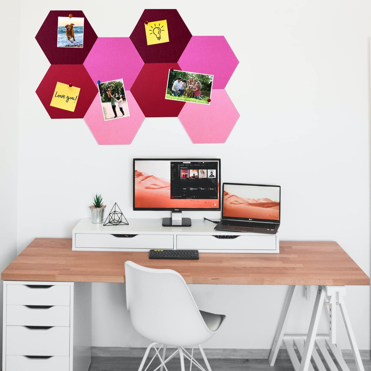 HULAVO 8Pcs Hexagon Felt Cork Board Tiles, Self Adhesive DIY Bulletin Board Pin Board for Office School Home Wall Decor Stickers Memos Photos Display (Gradual Red)