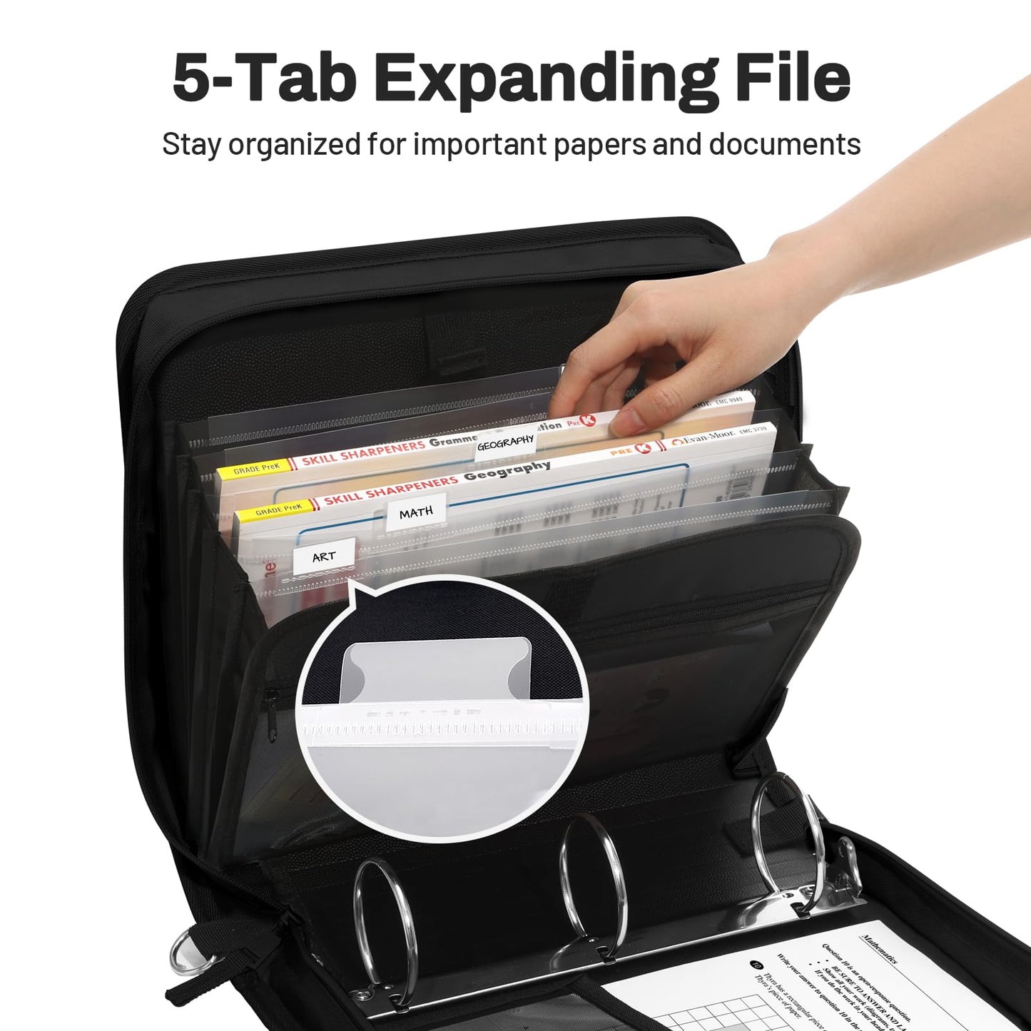 SUNEE Zipper Binder 3 Ring, 3 Inch O-Ring with Handle and Shoulder Strap, 600-Sheet Capacity, 5-Tab Expanding File Folder, Multi-Pockets for Middle School Organizer Binder with Zipper, Black