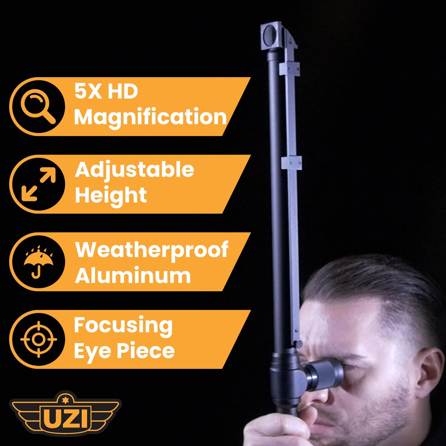 Uzi Expandable Tactical Professional Periscope Adjustable 20" to 27", Weatherproof Aluminum Spy Periscope for Adults, Kids, Hunting, Hiking, Surveillance, 5X HD Magnification, Black