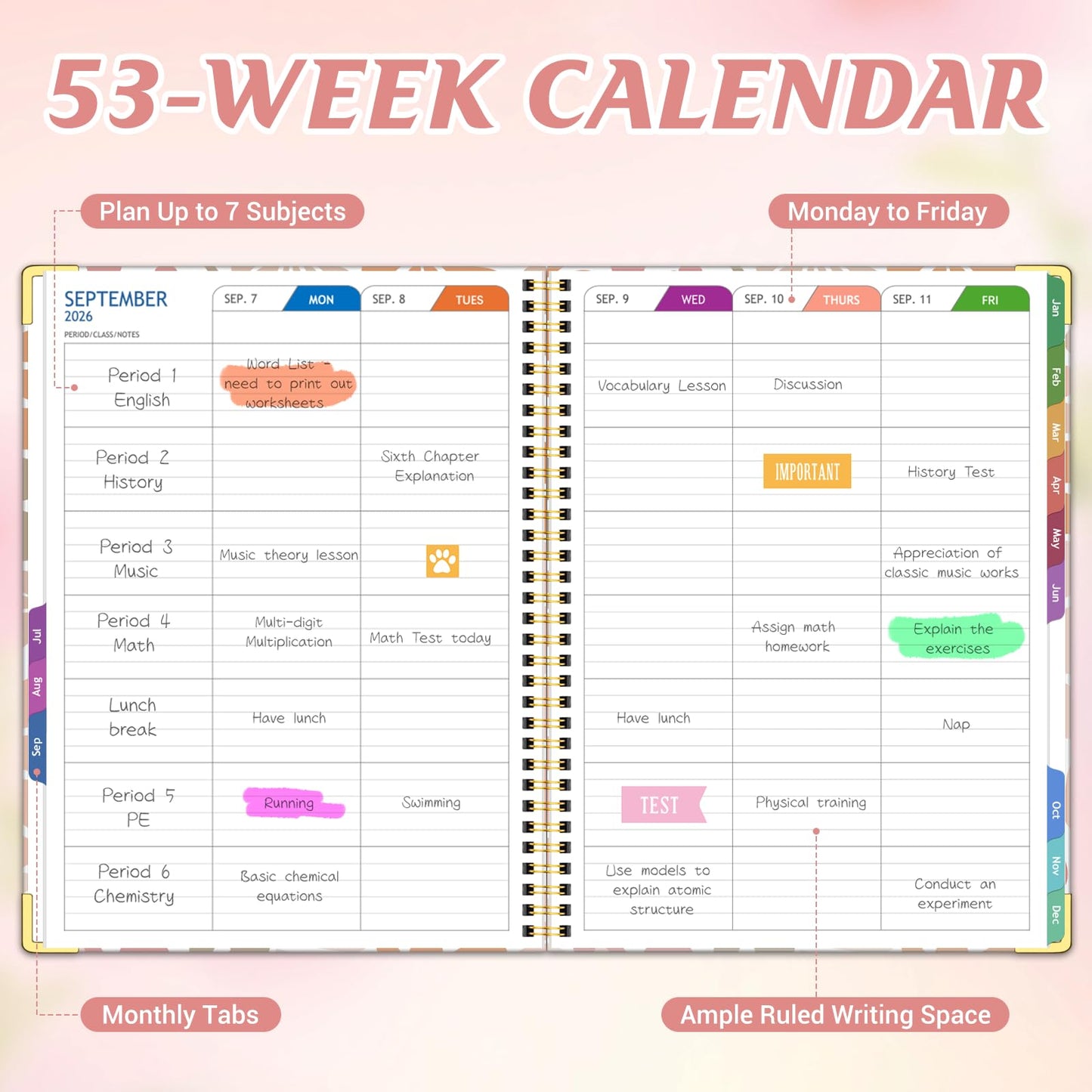 Teacher Planner 2026-2027 Academic Year, Jul.2026 - Jun.2027, 8.5" x 11" Lesson Planner Book for Teachers, Teacher Planners with Colorful Monthly Tabs, Hardcover- Pink