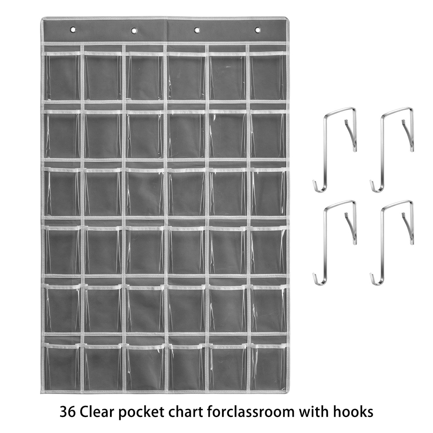 SAVERHO 36 Clear Pockets Classroom Pocket Chart for Cell Phones and Calculator Holder, Pocket Chart for Classroom Phone Holder with Number Stickers and Hooks (Grey)
