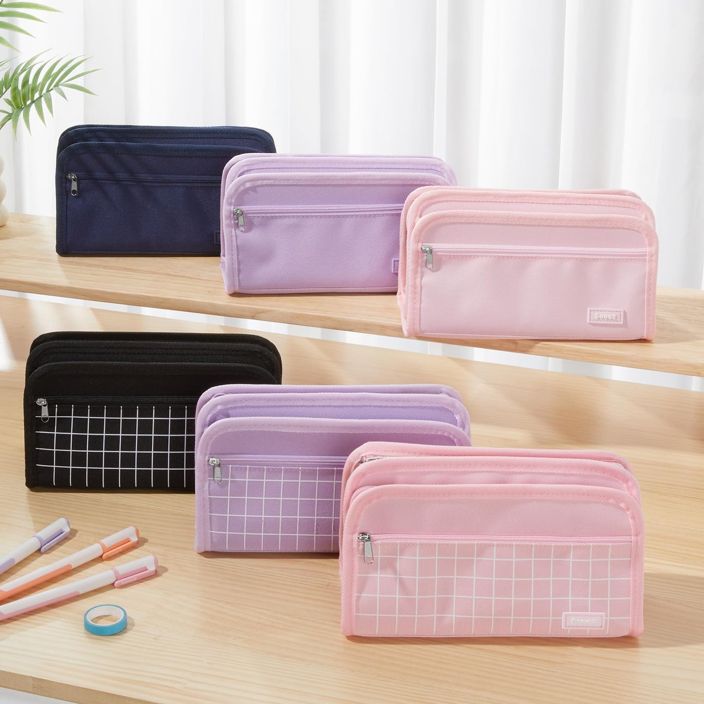 Sooez Large Pencil Case, Big Capacity Pencil Pouch Pen Bag with 3 Compartment, Portable Canvas Stationery Organizer with Zipper, Cute Aesthetic School Supplies for Teen Girls College, Pure Purple