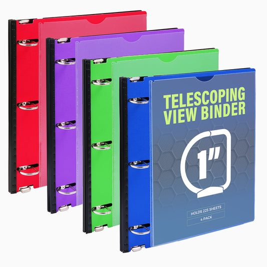 WOT I 1 Inch Telescoping 3 Ring Binder 4 Pack, Expandable Flexible Binder with Customizable Front Cover & Clear Catalog Pocket, Holds 225 Sheets, Assorted Colors, School Office Supplies