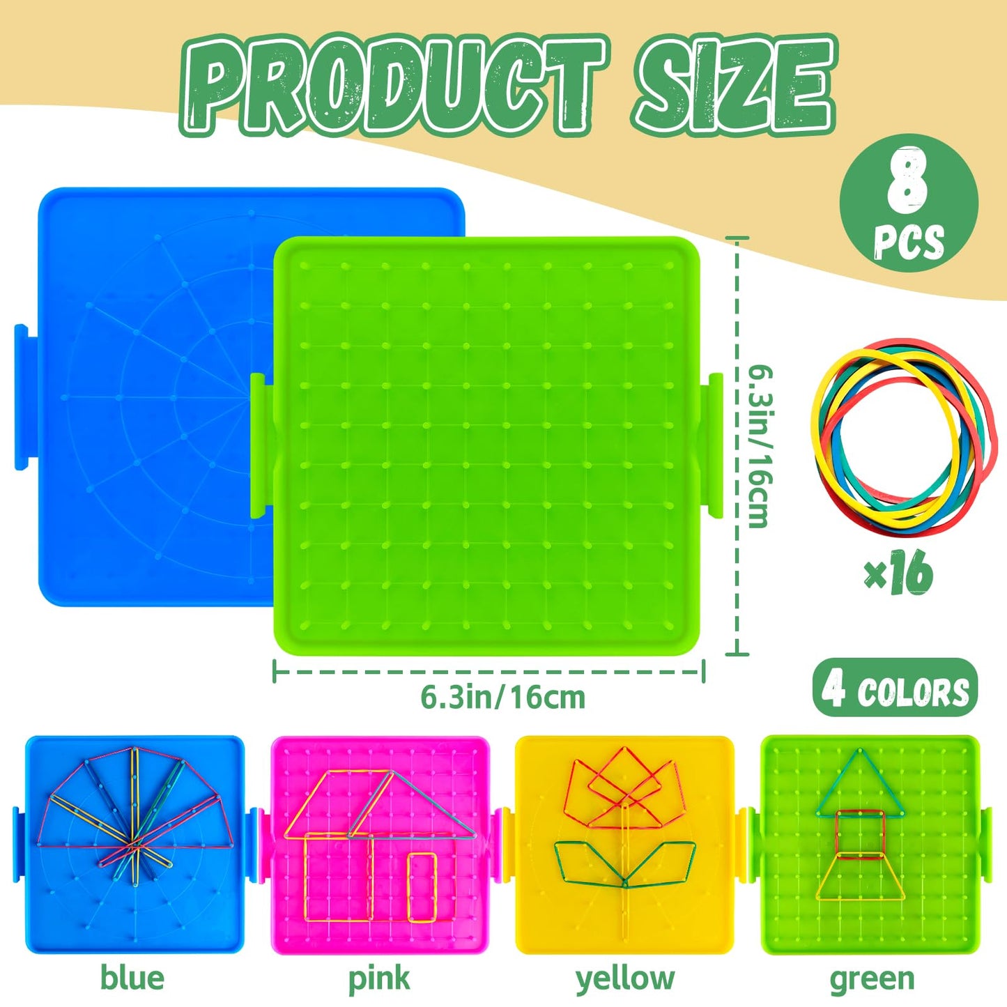 Oopsu 8 Pack Plastic Mathematical Manipulative Material Array Block Geo Board with 80 Latex Bands for Kids(4 Colors)