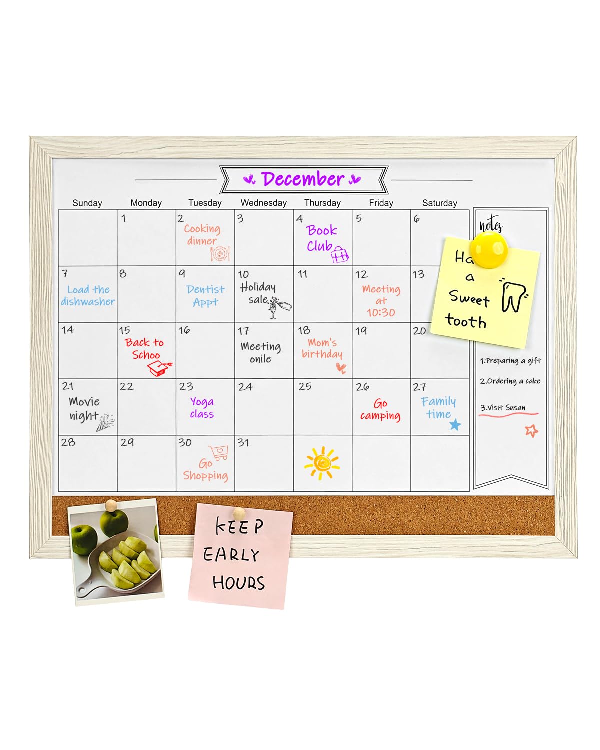 Dry Erase Calendar Whiteboard for Wall, Small Combination Magnetic Dry Erase White Board & Bulletin Board, 13" x 17"，White Frame Calendar/Cork Combo Board(WH-3343)