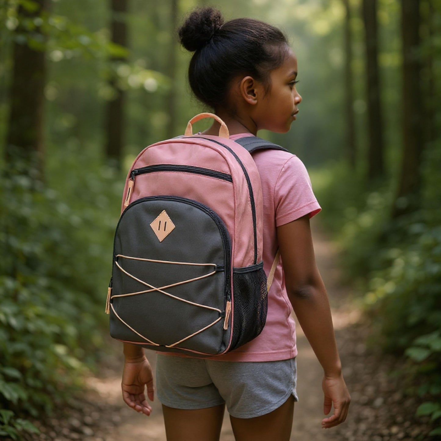 Summit Ridge Boys and Girls School Backpacks with Bungee Cord Front | 17” Multi Pocket Backpack for Kids, Teens, Adults, Travel (Pink/Grey)