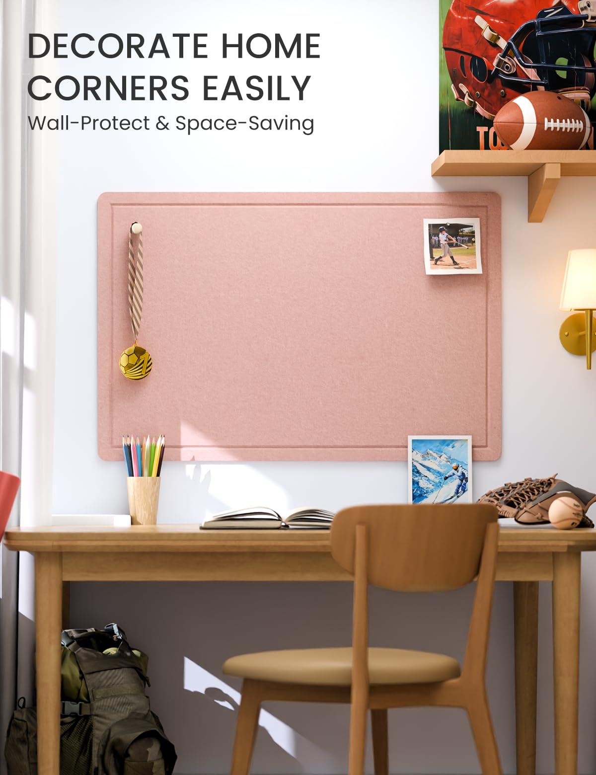 Fluxynara Bulletin Board,35.4" x 23.6" Cork Board Alternative with 12 Safe Removable Adhesive Tabs, Foldable Felt Pin Board for Home Office, Classroom, Bedroom,Entryway for Walls—Pink