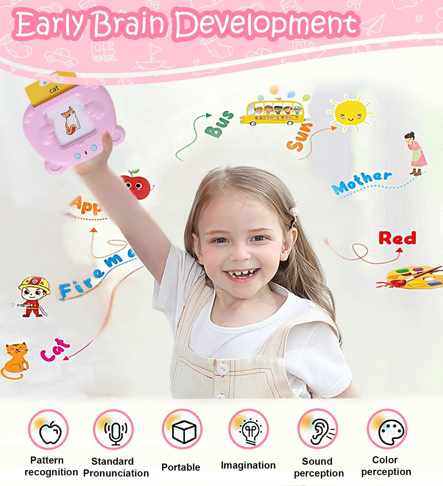 Talking Flash Cards for Toddler 1 2 3 4 5, Pocket Speec, Talking Learning Flash Cards Educational Toys Sensory Toys Gift for Boys and Girls (510 Sight Words-Bear Pink)