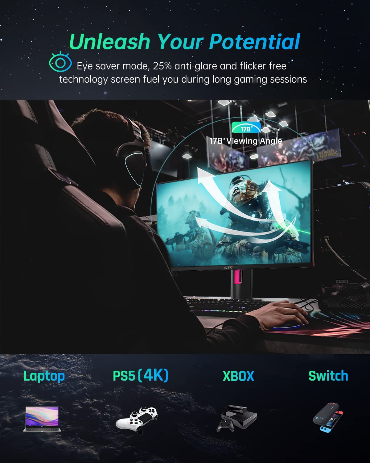 KTC 27" 1440p 170Hz Gaming Monitor, 2K QHD 1ms GTG Fast IPS, HDR, HDMI/USB C/DP, FreeSync & G-Sync, Swivel Tilt Height Pivot Adjustable, H27T22