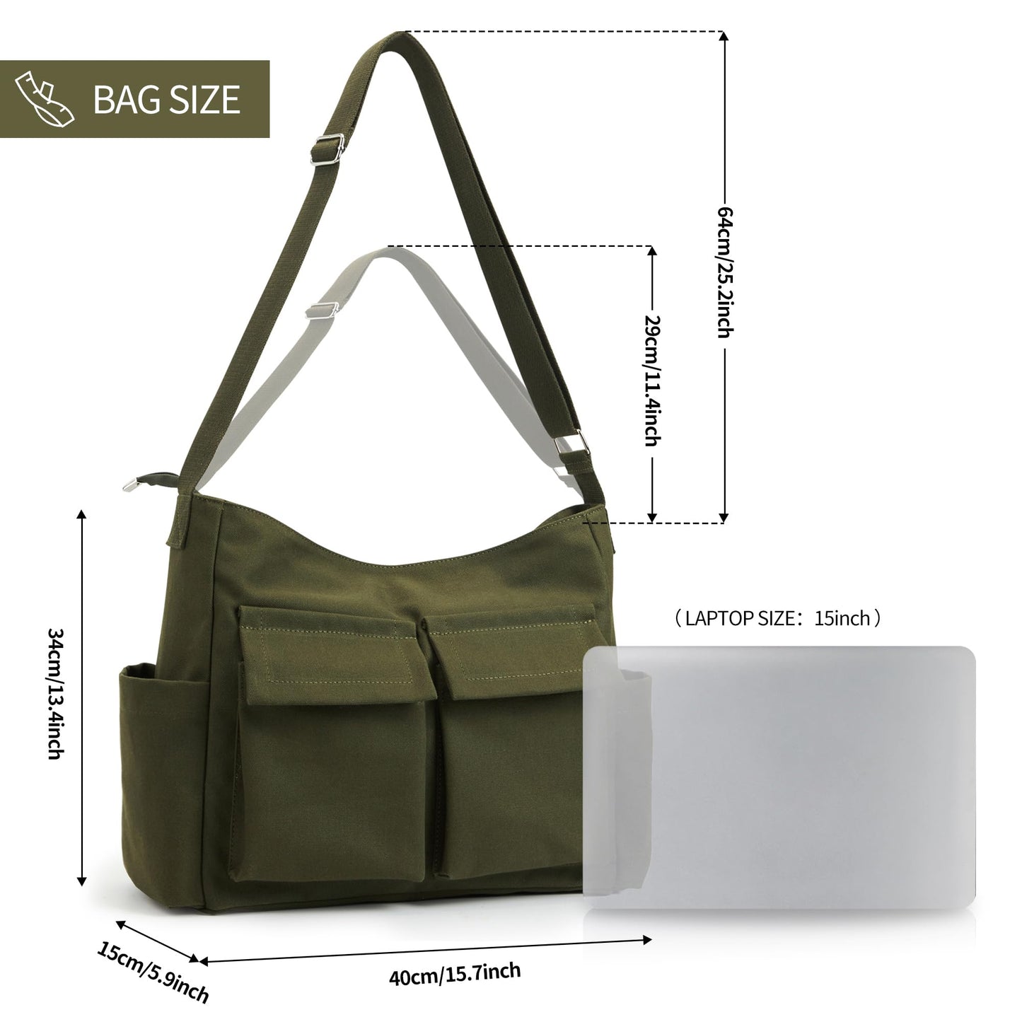KALIDI Canvas Tote Messenger Bag with Pockets, Large Crossbody Bags for Women or Men, Casual Canvas Shoulder Bag for College Work Travel Daily, Army Green