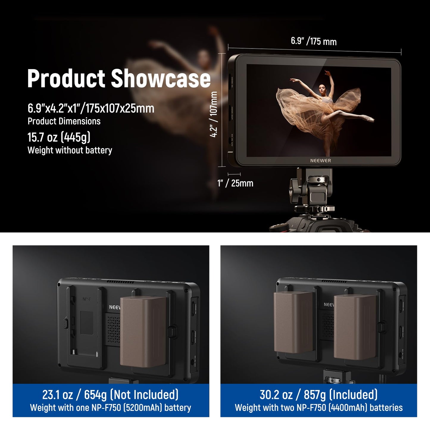 NEEWER F700 7" Camera Field Monitor, 2000nit HD 1920x1080 IPS Touch Screen 3D LUT, 4K HDMI Loop in/Out Peak Focus DSLR Video Assist HDR Waveform, Cold Shoe Mount, 2 NP-F750 Batteries, Cleaning Cloth