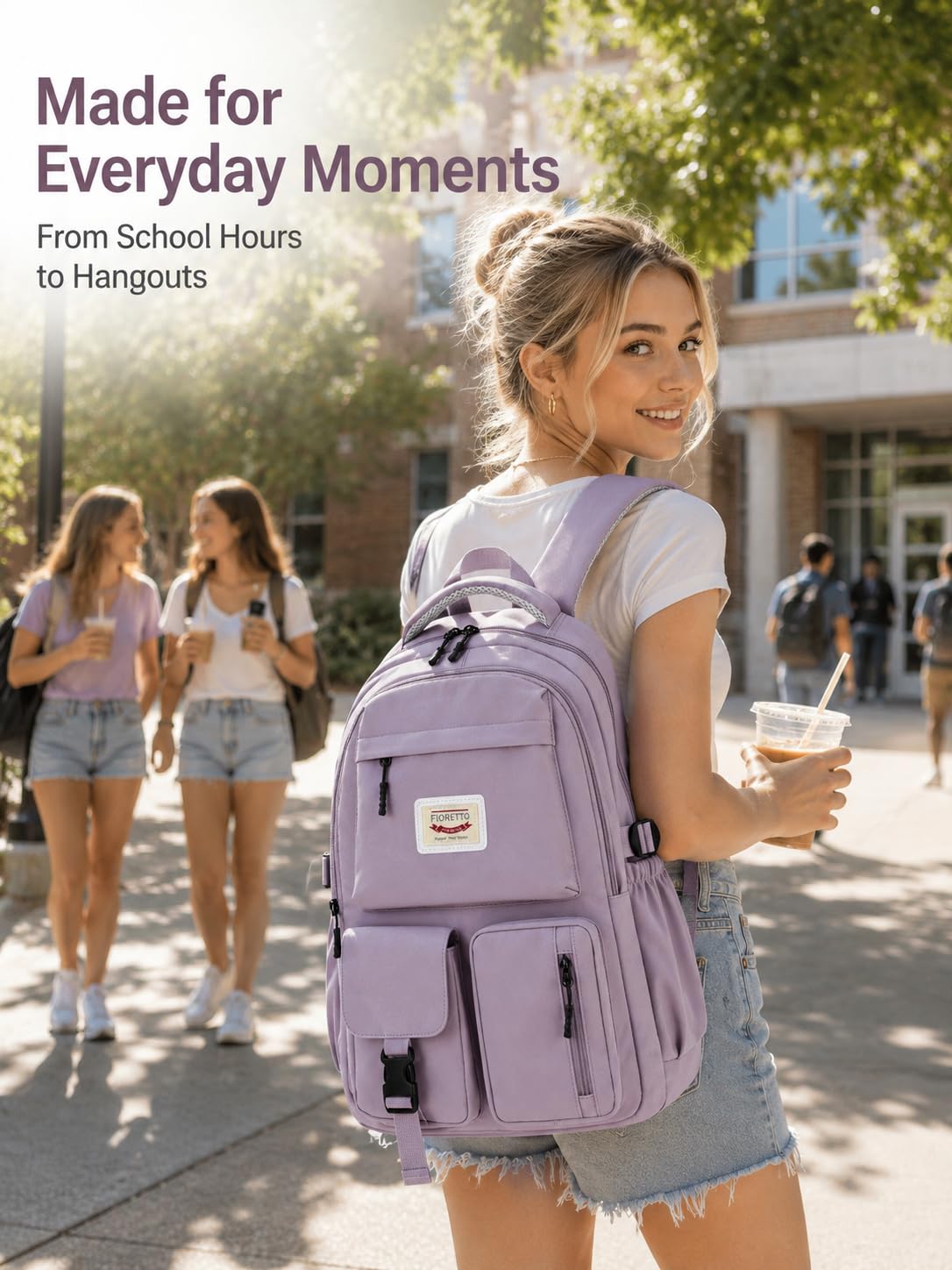 FIORETTO School Backpack for Teen Girls & Women with Compartment, Lightweight School Bag Bookbag with Multiple Pockets, Ideal for Middle High School, College, Travel, Purple 25L