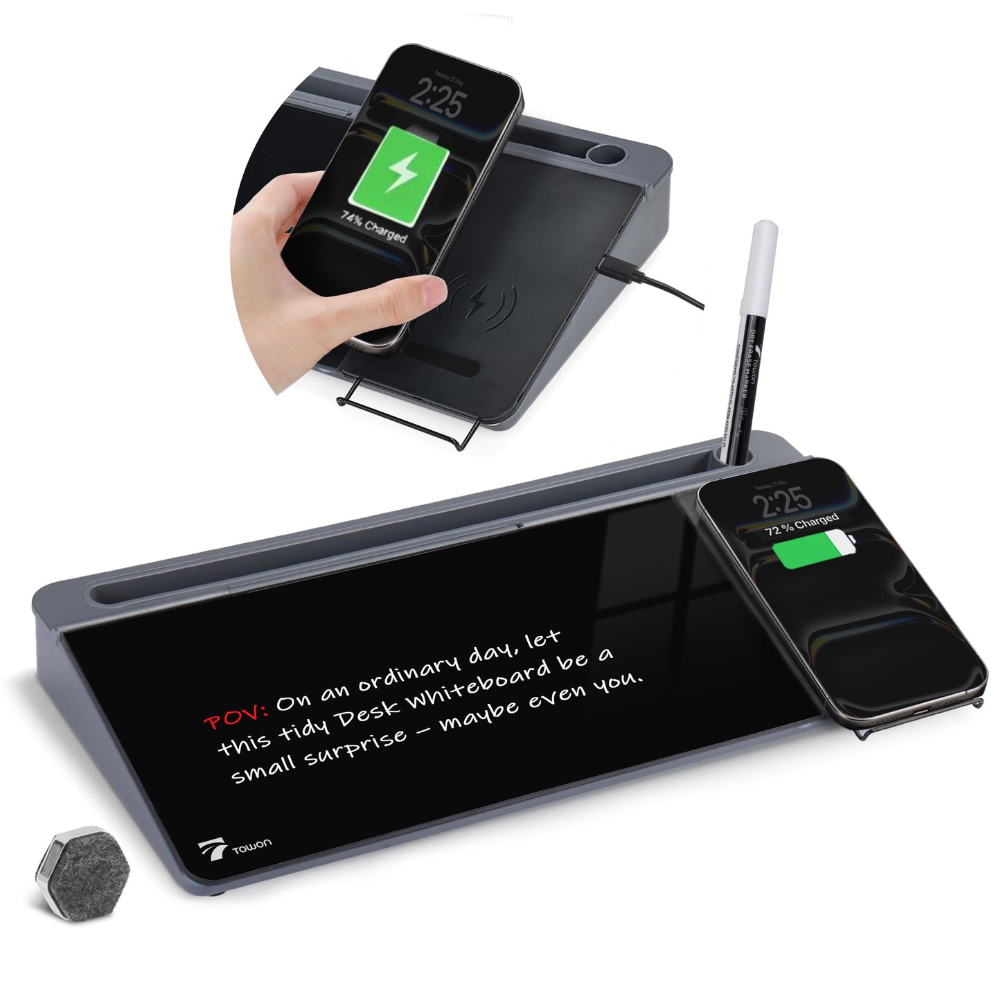 TOWON Glass Desk Whiteboard with Wireless Charger, Desktop Dry Erase Board with Storage & Phone Stand – Compact ~16 x 7 in, Black – Includes Marker & Eraser, Tempered Glass, Rewrite Reusable