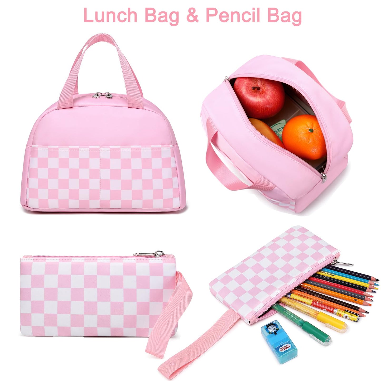 Sugaroom Checkered School Backpack for Girls with Lunch Box Lightweight Kids Bookbags Preschool Primary Elementary Students School Bags (Checkered Pink)