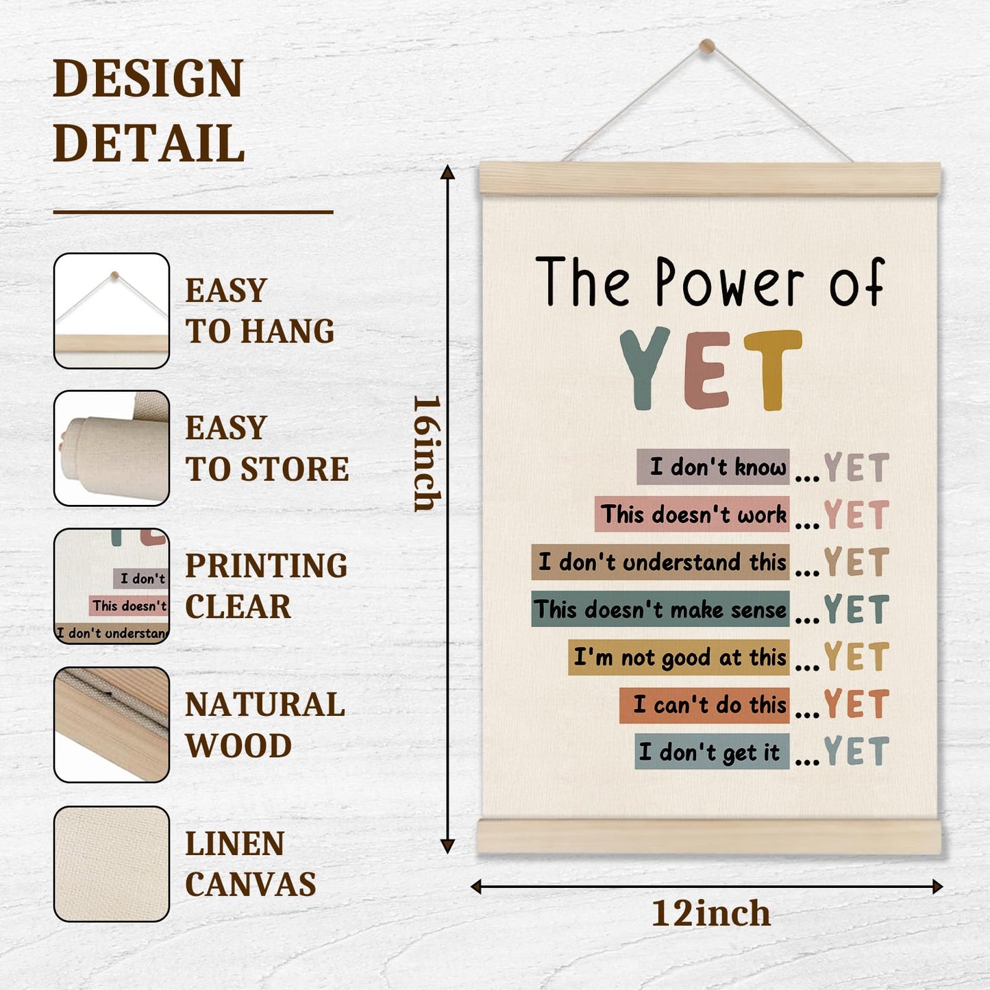 DOI-LANEE The Power of Yet Poster - Motivational Inspirational Wall Decor, Mental Health Therapy Office Decor, Growth Mindset Wall Art for Homeschool Classroom Counselor, 16x12 Inch