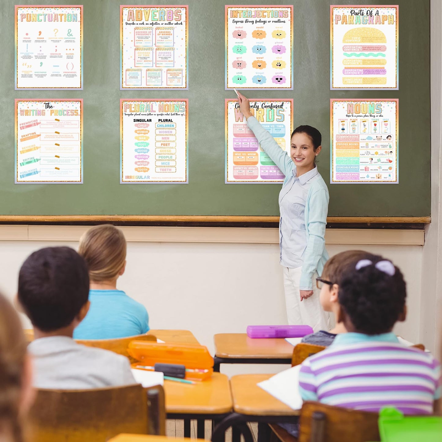 Humyoun 20 Pcs Parts of Speech Poster for Elementary Classroom Grammar Poster Educational English Class Must Have for Elementary Middle School Classroom Decor, 14x11 Inch(Pastel,Patch)