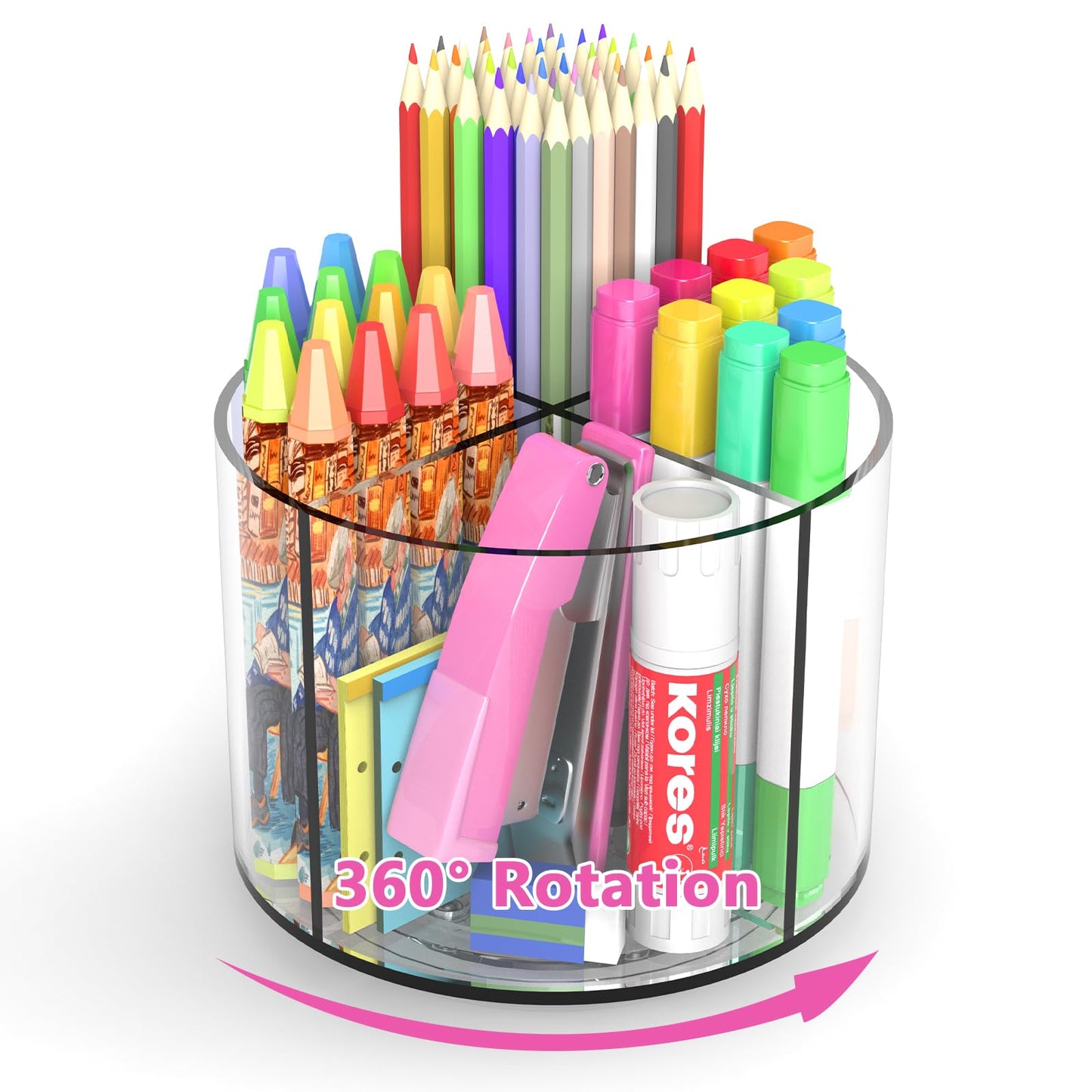 Wawocs Small Pencil Organizer for Desk Acrylic 4 Compartments, Tiny Rotating Art Supply Organizer Kids, Spinning Round Marker Small Clear Desktop Caddy Swivel Office Pen Pencil Holder