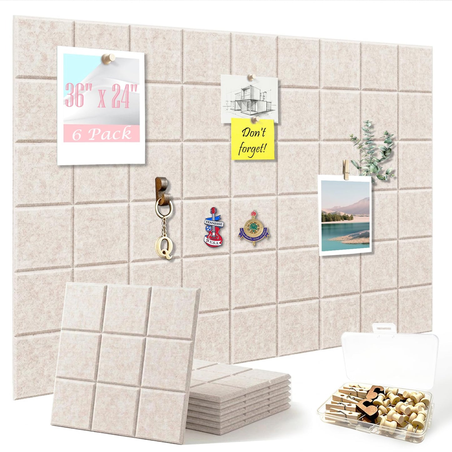Large Felt Bulletin Board - 36" x 24" Self-Adhesive Felt Wall Tiles, Cork Boards Alternative, 6 Pack with 30 Wooden Push Pins, Cork Board for Walls, Office, Home & Classroom Decor, Pin Board - Oatmeal