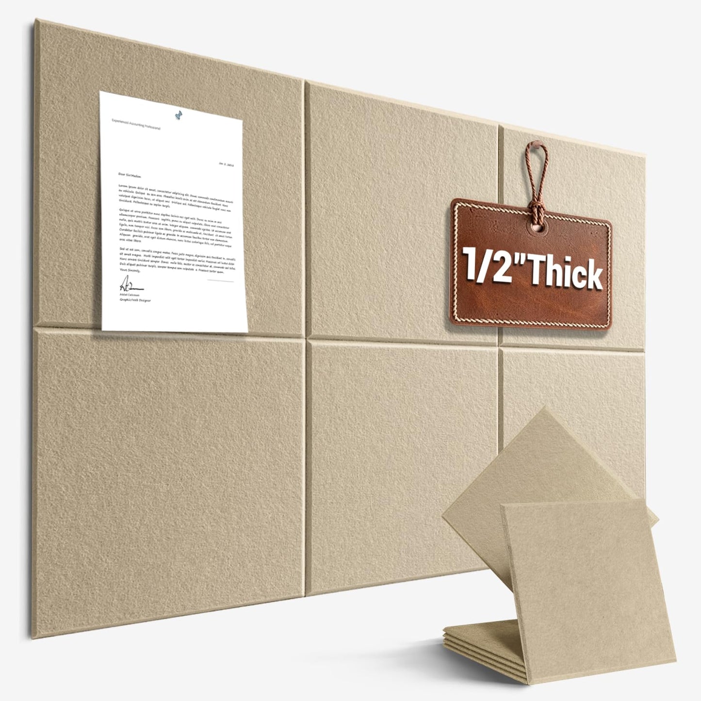 Large Cork Board for Office Wall Decor, 36"x24"- 6 Pack Felt Wall Tiles with Safe Removable Adhesive Tabs, 1/2" Thick, Felt Bulletin Board Pin Board Cork Boards for Walls - Tan