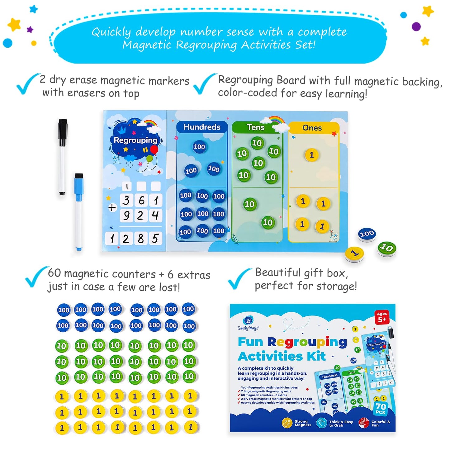 70 PCS Magnetic Regrouping Activities Kit, Place Value Manipulatives 1st 2nd 3rd 4th Grade, Place Value Chart Mat Magnets, Magnetic Place Value Discs, Base 10 Ten Math Manipulatives - Simply Magic