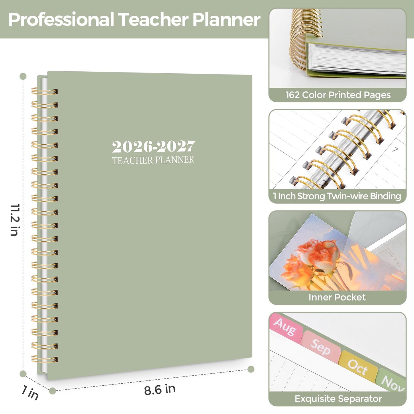 SKYDUE Teacher Planner 2026-2027 Academic Year, 8.5" x 11" Lesson Plan Book, July 2026-June 2027, 162 Pages, Monthly Tabs, Stickers, Weekly Lesson Planning, Student Tracking & Classroom Organization, Green