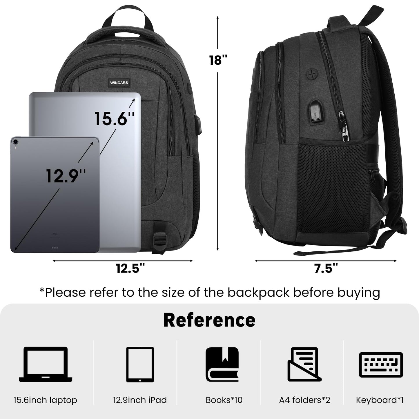 WINDARS Backpack for Men and Women, School Backpacks for Teens Boys, 15.6 Inch Large College Bookbag Durable Computer Laptop Bag with USB Charger Port for Business Work Travel, Black