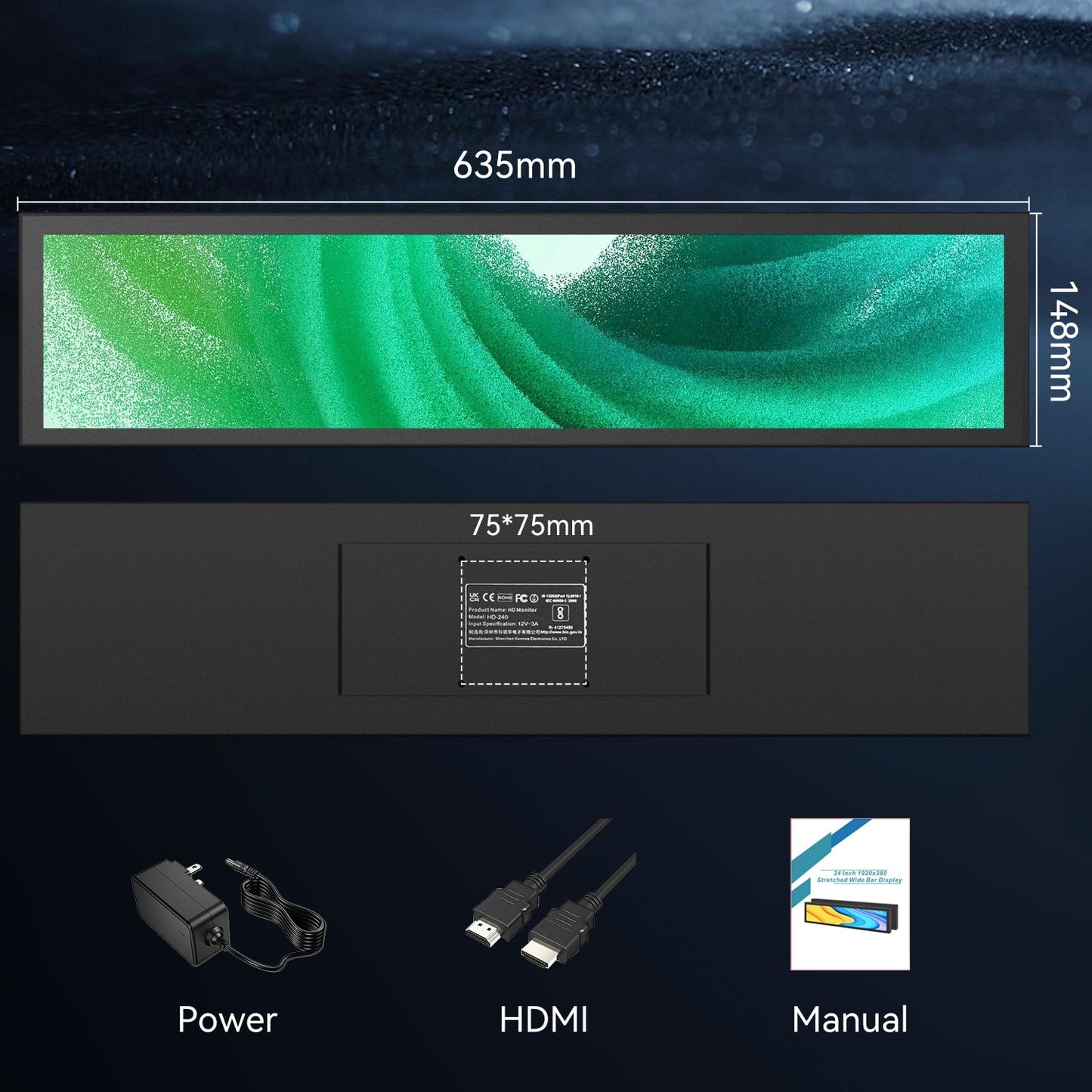 24" Ultra-Wide Stretched Bar LCD Monitor FHD1920x380 Industrial Computer Monitor Built-in Dual Speaker, Advertising Display for Subway Mall Restaurant Signage,PC Case Display Dual HDMI & DP Port, VESA