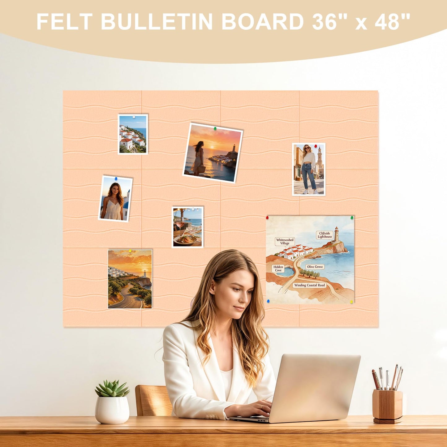 AKONEGE Felt Bulletin Board Tiles 12 Pack, 48" x 36" Cork Board Alternative, DIY Pin Board Wall Tiles for Photo Wall, Vision Board, Room & Home Office Decor, Stick-On with Adhesive Tabs, Peach Beige
