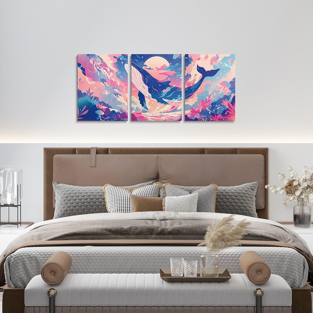 Feelyou Pretty Whale 3 Piece Canvas Wall Art for Living Room Bedroom Jellyfish Wall Art for Home Decor Ocean Animal Office Wall Decor Dreamy Wall Painting