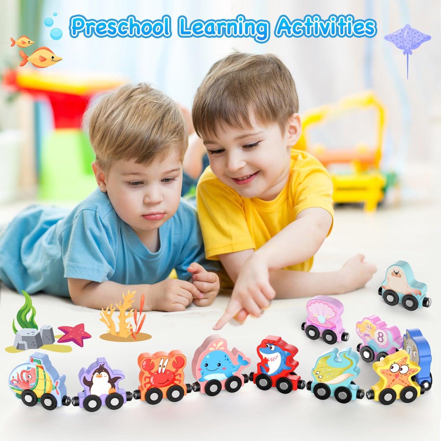 Zeoddler Toys for Toddlers, 11 Magnetic Wooden Sea Animals Train Set, Montessori Toys for Toddlers, Educational Activities for Kids, Birthday Gifts for Boys, Girls