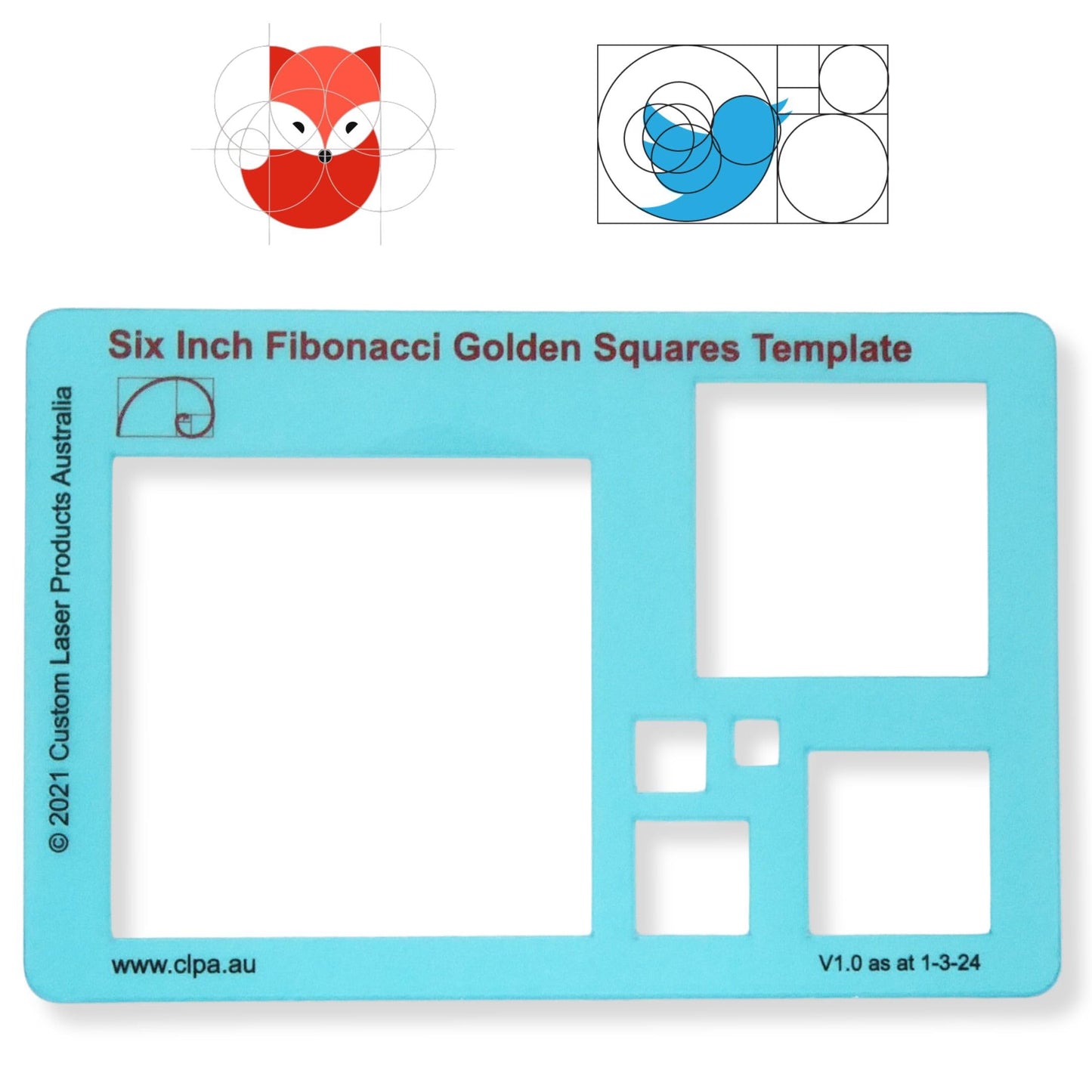CLPA 6" Square Stencil Template — Golden Ratio Tool for Drawing | Fibonacci Template | Geometric Stencil for Art, Drafting and Quilting | Clear PETG | Made in Australia
