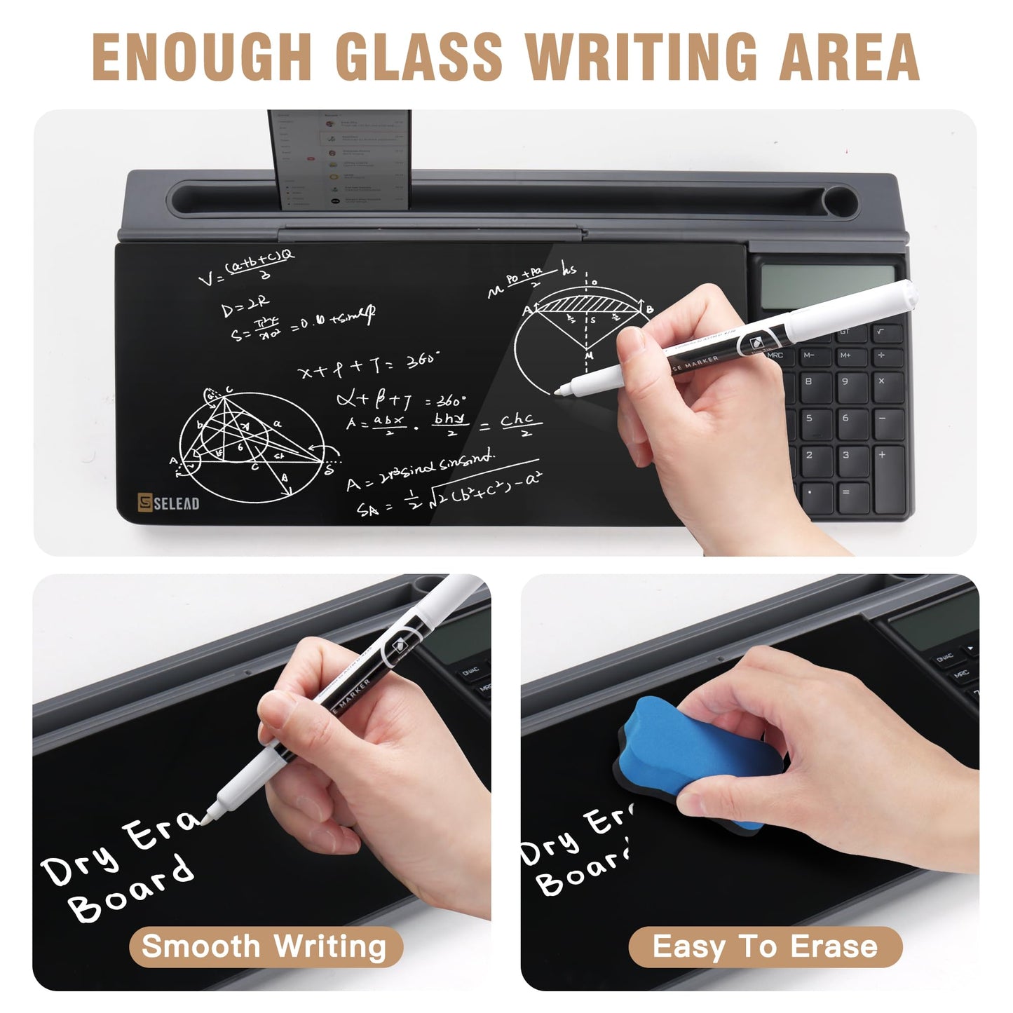SELEAD Desktop Glass Whiteboard with Calculator, Organizer, Markers, Eraser, Holder - Black Dry Erase White Board Computer Pad Keyboard Stand for Home, School, Office Desk Cubicle Accessories