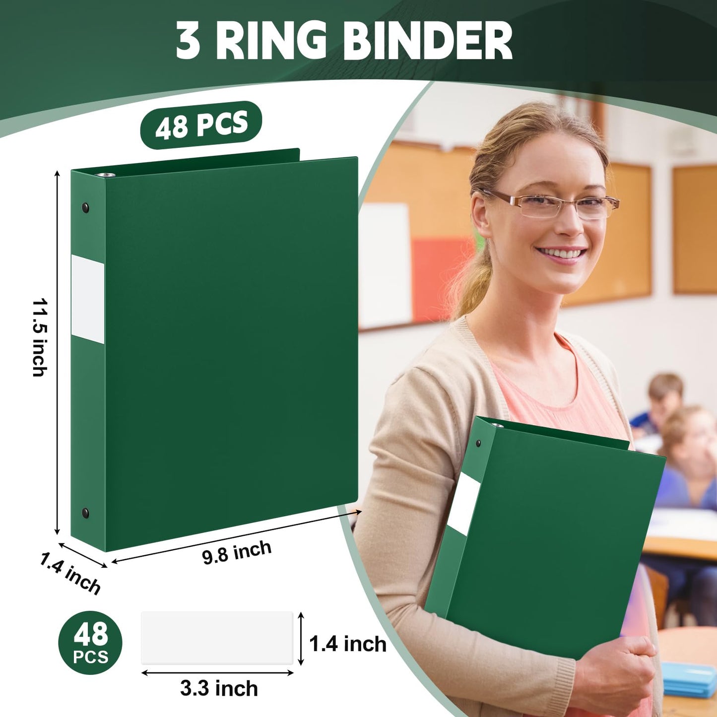 Henoyso 48 Pack 1 Inch 3 Ring Plastic Binders, Bulk Flexible PP Binders for Classroom & School Supplies, Letter Size 8.5 x 11, Holds 240 Sheets with Interior Pocket (Dark Green)