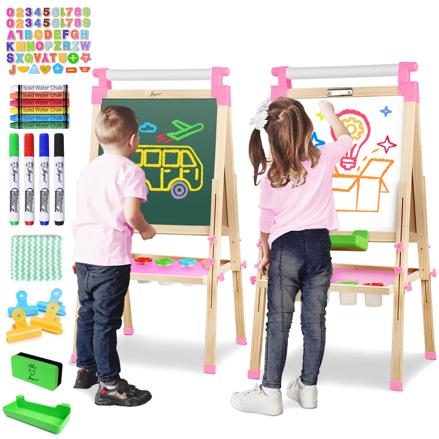 JOYOOSS Easel for Kids Art Easel for Toddlers,Wooden Kid Easel with Paper Roll - Chalkboard for Kids Adjustable Double Sided Kid Dry Erase Board,Outdoor Art Easel Toddler