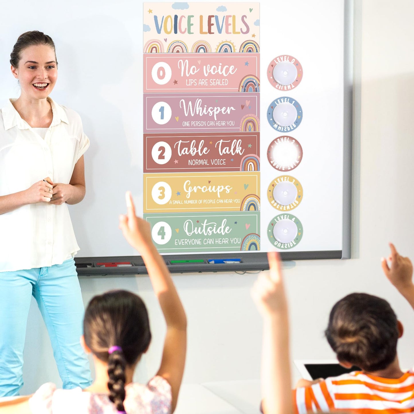 5 Pcs School Push Light and Voice Level Poster Voice Level Chart Monitor Rules Sign LED Tap Light Classroom Rules Poster Noise Chart Classroom Management Tools for Teachers Back to School （Boho Style）