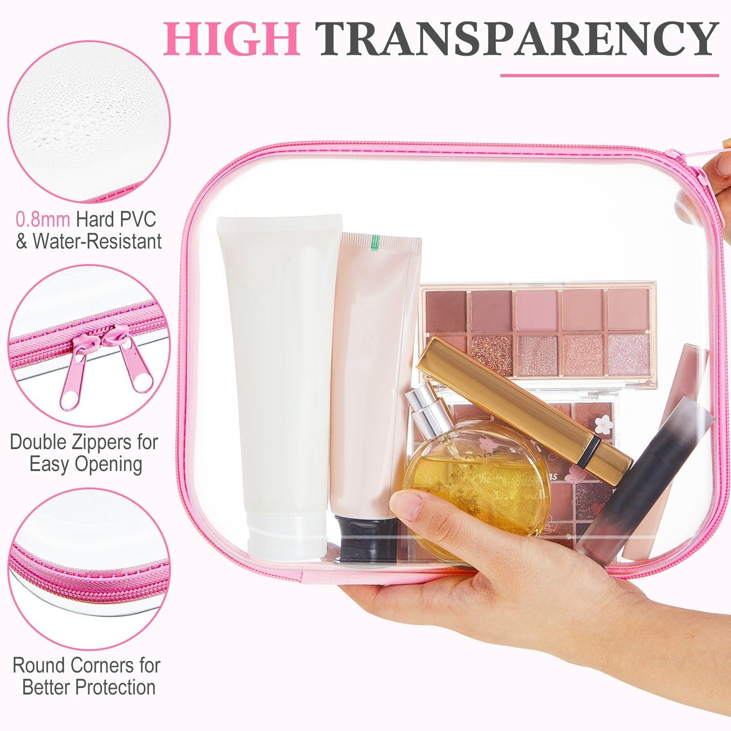 Hoolerry 3 Pcs Clear Hard Zipper Case Hard Plastic Zipper Pouch Makeup Bag Portable Travel Organizer for Cosmetics, Office Supplies, Documents & Toiletries(Pink,M)