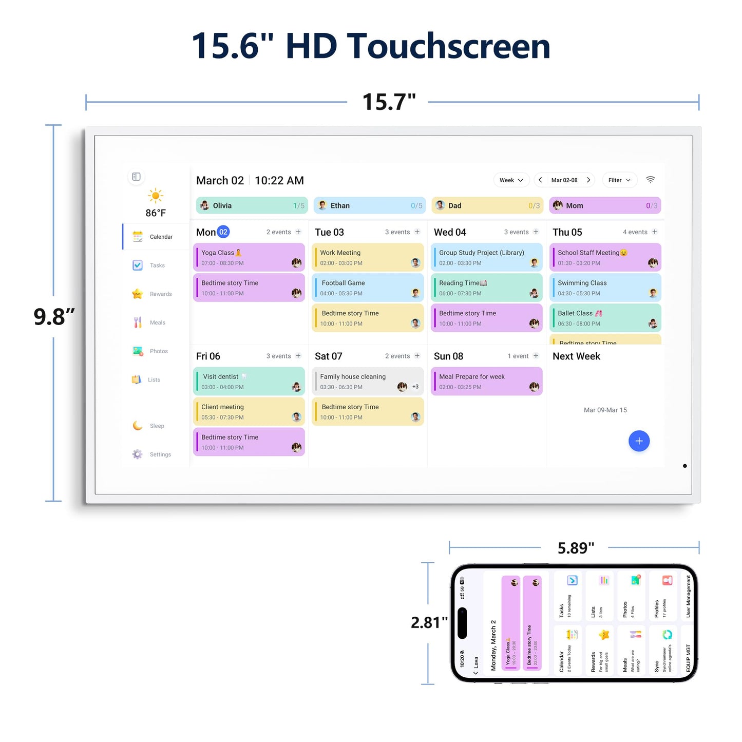 Digital Calendar, 15.6 Inch Wall Planner Electronic Calendar & Chore Chart, Smart Touchscreen Interactive Display for Family Schedules, Great for Organizing Your Routines, Wall & Desk Mountable