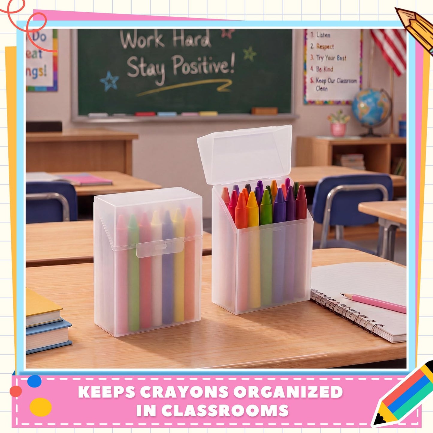 Clabby 24 Pcs Plastic Crayon Organizer Case for 24 Count Crayons Kids Art Supply Storage Box with Lid, Portable Holder for Classroom Home Travel, Fits Standard 24-Pack Crayon (Clear)