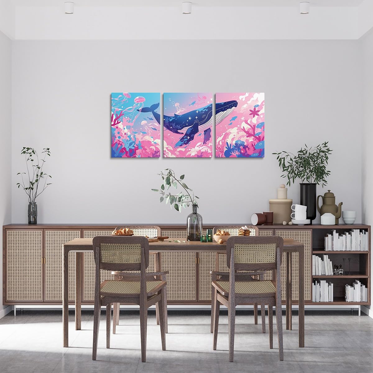 Feelyou Pretty Whale 3 Piece Canvas Wall Art for Living Room Bedroom Pink Blue Ocean Wall Art for Home Decor Jellyfish Office Wall Decor Dreamy Ocean Wall Painting