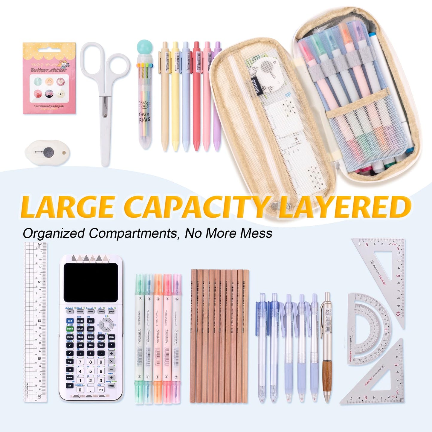 EASTHILL Big Capacity Pencil Pen Case Office College School Large Storage High Capacity Bag Pouch Holder Box Organizer Light Blue