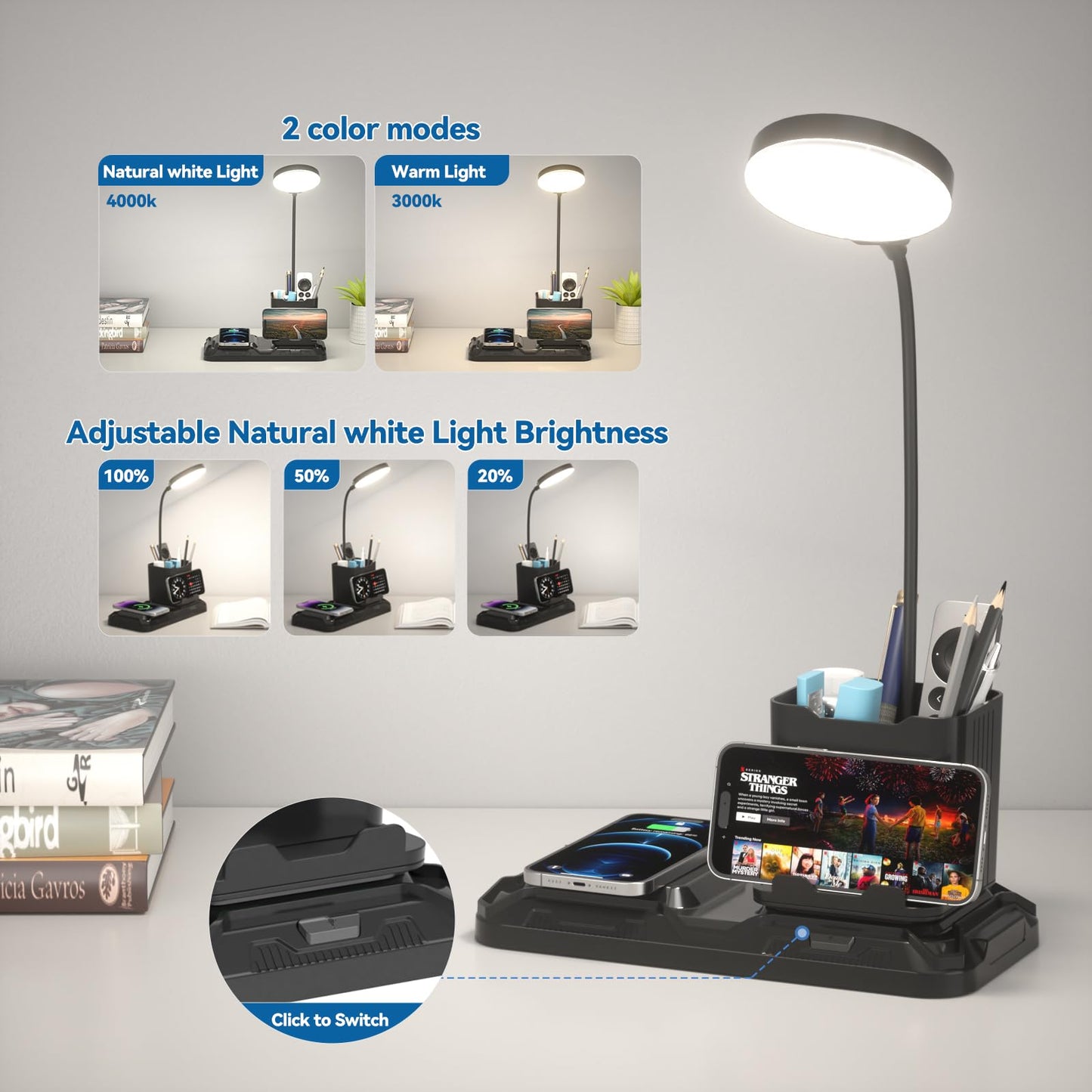 KDD 4 in 1 Desk Lamp with Wireless Charger, 360? Gooseneck, Adjustable White & Warm Light, Black