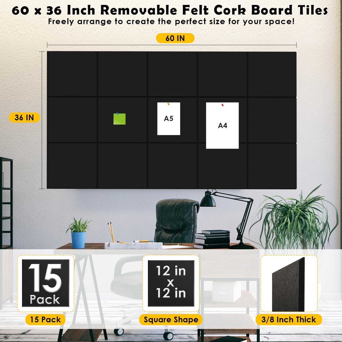 MAPVOLUT 15 Pcs Felt Boards - 60"x36" Reusable Cork Board Alternative for Wall with 70 Pins, 75 No-Trace Adhesive & Guide - Perfect for Office, Classroom, Home Decor, Bulletin Board, and Dartboard