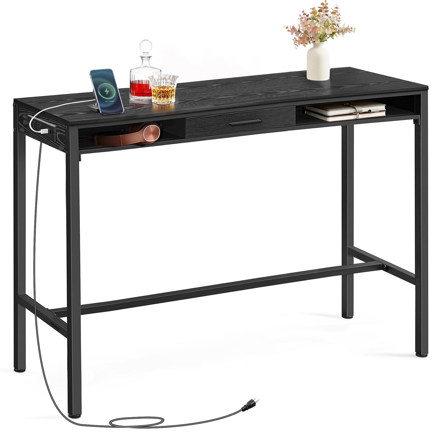 VASAGLE Bar Table with Power Outlets, 47.2 Inches Long Bar Height Pub Table, Rectangular High Top, with Movable Drawer, 2 Hooks, Narrow Storage for Kitchen, Dining, Entryway, Ebony Black