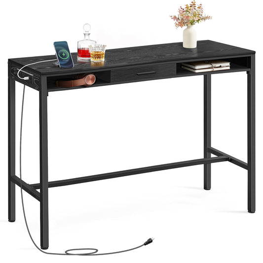 VASAGLE Bar Table with Power Outlets, 47.2 Inches Long Bar Height Pub Table, Rectangular High Top, with Movable Drawer, 2 Hooks, Narrow Storage for Kitchen, Dining, Entryway, Ebony Black
