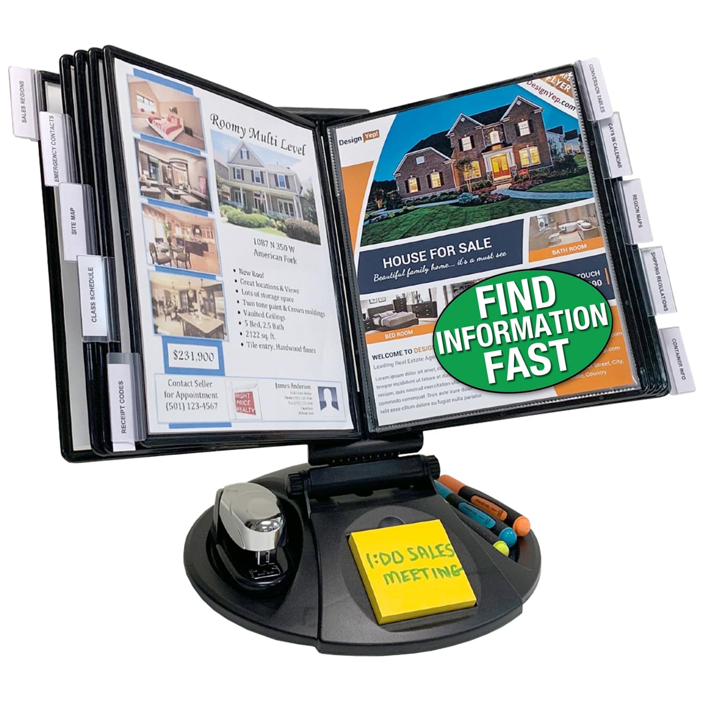Ultimate Office AdjustaView 10-Pocket Desk Reference Organizer with Supplies Storage Base and EZ-LOAD Pockets to Hold 20 Sheets of Paper, Includes Fast Find Indexing Tabs, Black Pockets