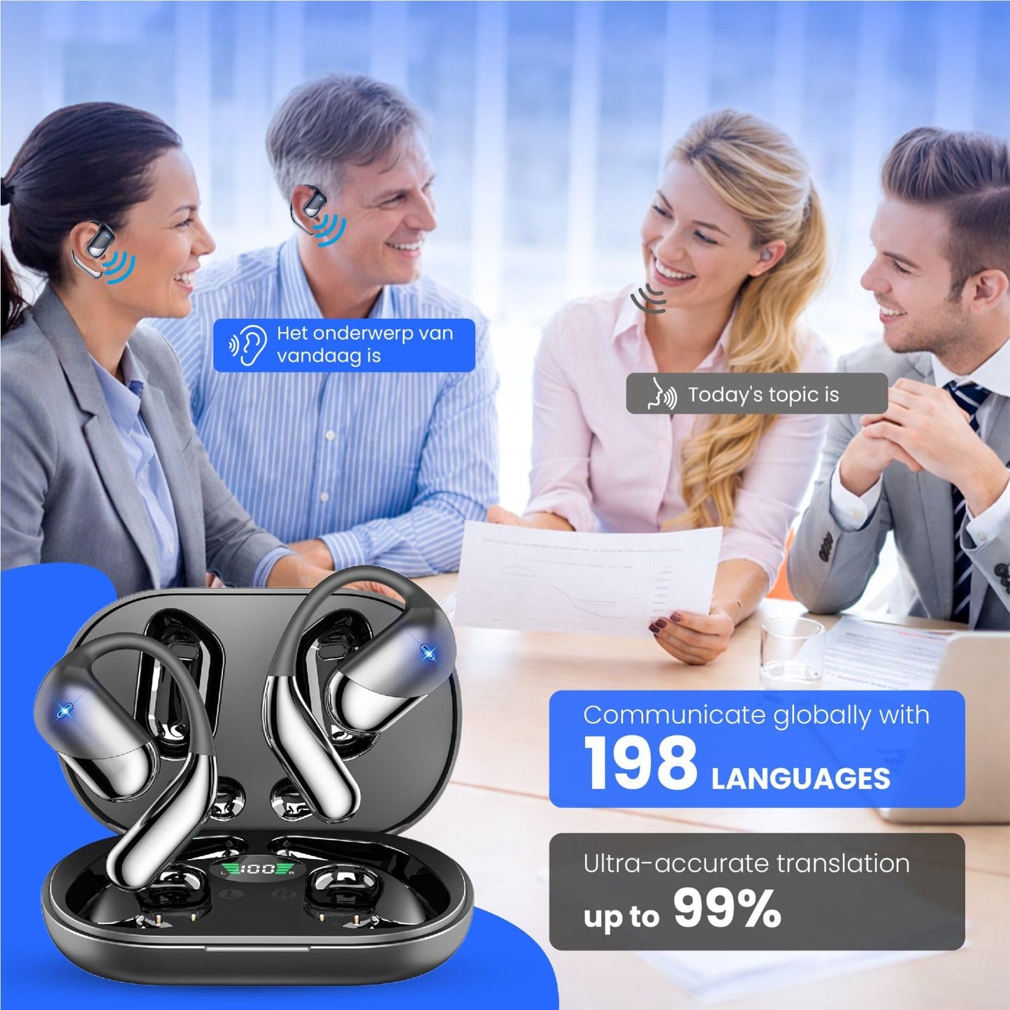 CELVON AI Translation Earbuds Real Time, 198+ Languages Translator Earbuds No Subscription, 2-Way Translating Headphones for Travel Meeting, Audifonos Traductores Inglés Español – Black