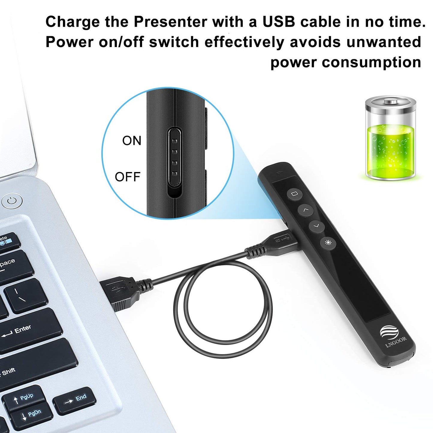 LNGOOR Rechargeable Presentation Clicker for PowerPoint - RF 2.4GHz Wireless Presenter Remote with Laser Pointer, Support Hyperlink&Volume Compatible with PPT/Keynote/Slides/Mac/Windows/Laptop