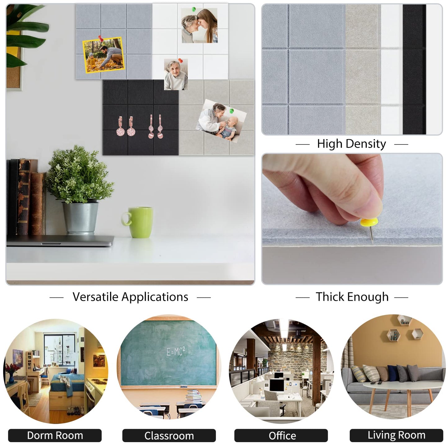 BXI Felt Bulletin Board - 12 X 12 X 0.4 Inches 6 Pcs Self-Adhesive Poster Cork Board with 30 Push Pins, Thick Pin Tiles Display Vision Board, Photo Picture Panels for Home Office Classroom Walls