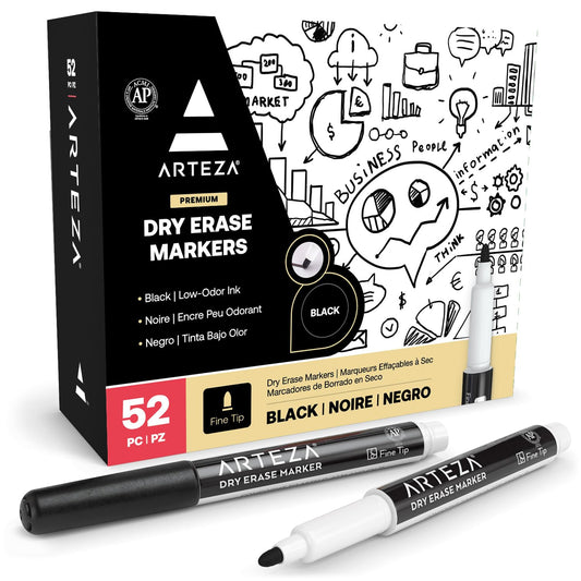 ARTEZA Black Dry Erase Markers Pack of 52, Fine Tip, Low-Odor Black Ink, Classroom-Preferred Whiteboard Markers